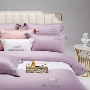Purple Four Piece Bedding Sets 100% Cotton Simple Style Luxury Wedding Bridal Duvet Cover Bed Sheet Sets