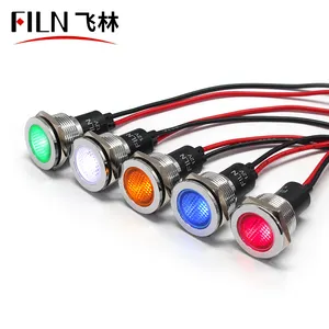 FILN 19mm miniature led indicator lamps, wire leading antivandal waterproof indicator IP67 flat head red green 12V with symbols