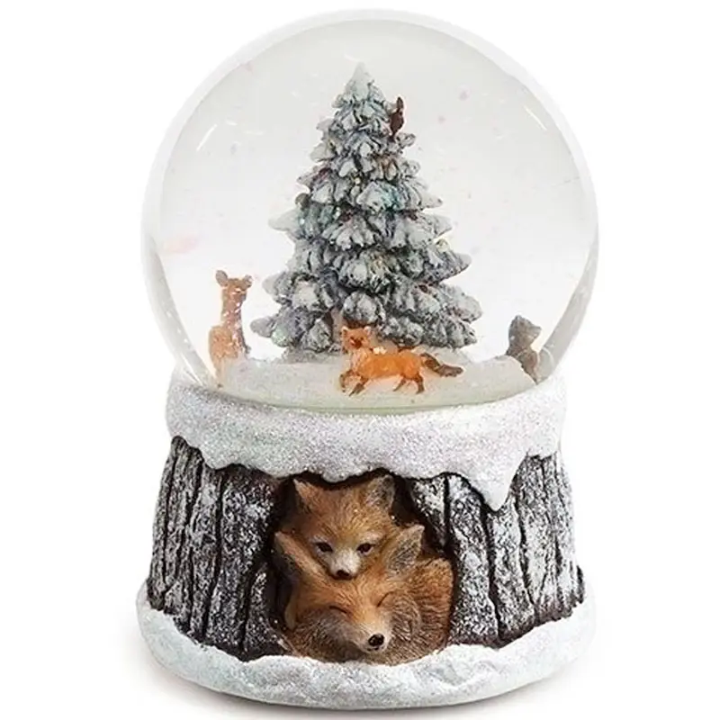 OEM shape resin Cristhmans water globe crafts snow globe kids foxes In forest with deer winter wonderland tree water ball