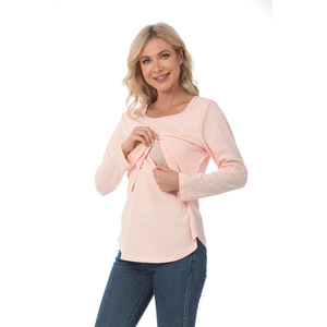 Haut d'allaitement pour femme enceinte à manches longues, double couche, col rond, en jersey doux, vêtements décontractés de <span class=keywords><strong>grossesse</strong></span>, vert - Product Image 3