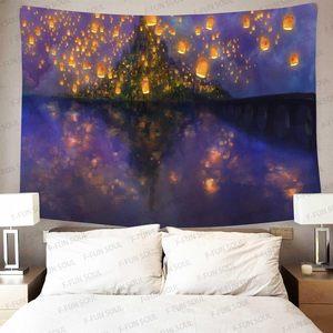 Tapiz de Castillo de noche de franela suave grande, linterna de Castillo de dibujos animados, patrón borroso, colgante de pared, decoración del hogar, tapices en stock - Product Image 1