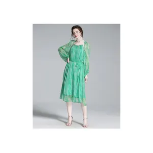 Grass Green Silk Dress 2024 Spring New Style Elegant Goddess Style High-End Ladies Silk Dress 100% Mulberry Silk Dresses Women