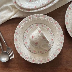 Elegant Pastoral Style Relief Lace Design Custom Pattern 10\" & 12\" Wedding Dinner Salad <b>Plates</b> with Pink Floral Plant Pattern - Product Image 6