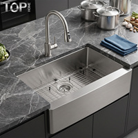 Évier de cuisine de luxe en acier inoxydable, fait main, à cuve unique, avec façade à tablier et rebord, durable, style ferme moderne, finition brossée