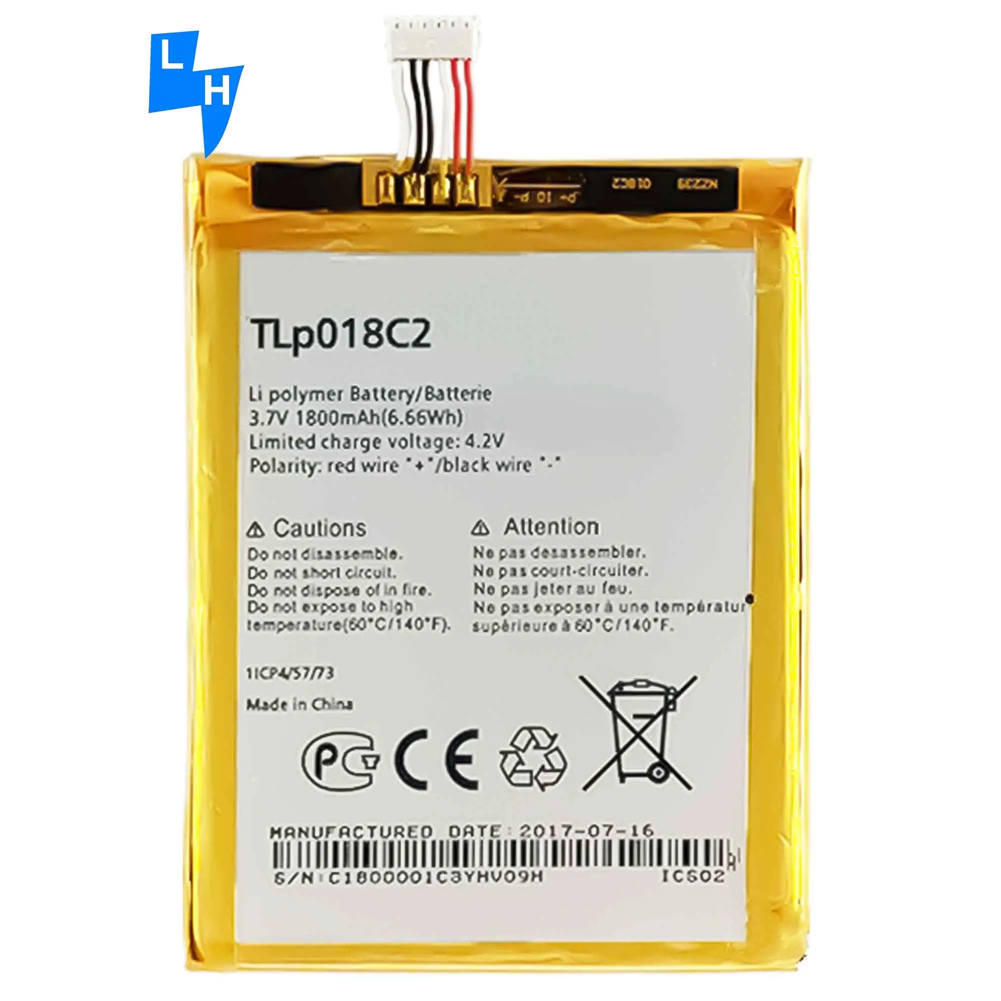 TLP018C2 One Touch Idol Ultra OT-6033 li-ion Polyer batterie di ricambio per telefoni cellulari per Alcatel 3.7V 1800mAh