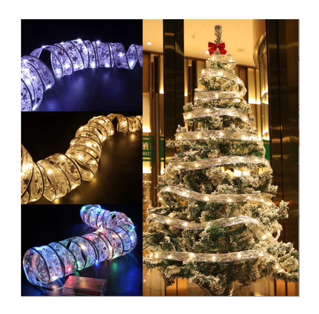 Christmas Tree Battery Operated Copper Wire Double Ribbon Glowing Bow Tie Fairy Led Lights String