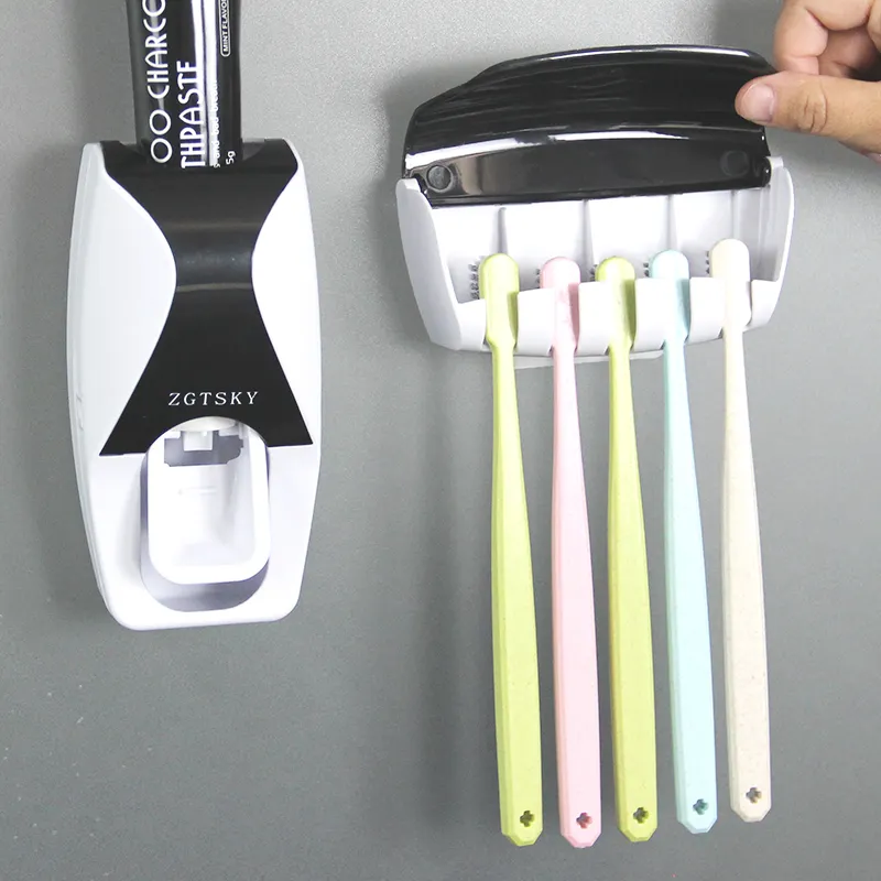 Wall Mounted Kids Toothbrush Holder Set Bathroom Tooth Brush Holder Toothpaste Squeezer Dispenser And With Automatic