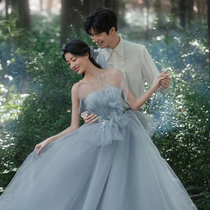 Blue Gray Strapless Ball Gown Wedding Dress Empire Waistline Princess Style Slim Fit High End Bridal Gown - Product Image 1