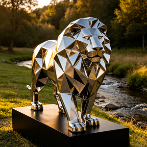 Sculpture de <span class=keywords><strong>lion</strong></span> géométrique moderne en acier inoxydable, poli miroir, grande statue de <span class=keywords><strong>lion</strong></span> en métal pour la décoration paysagère extérieure du jardin - Product Image 5