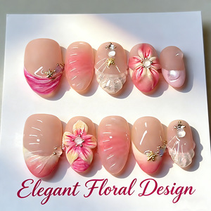 Ongles à presser personnalisés de luxe en amande avec fleurs 3D pour mariage – Vente en gros d'ongles artificiels – Grande promotion - Product Image 5