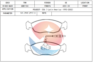 SDCX D1483-8681 sans fil plaquette de frein pour CITROEN SAXO XSARA / PEUGEOT 106 / 205 / <span class=keywords><strong>306</strong></span> <span class=keywords><strong>Break</strong></span> - Product Image 3