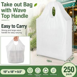 Lot de 250 sacs à emporter en plastique blanc robuste 19x18+9,5 pouces avec poignée ondulée et fond carré, qualité alimentaire - Product Image 2