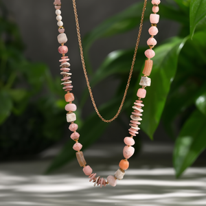 Fashion Beaded <b>Necklace</b> 316L Stainless Steel PVD Gold Plating Sustainable Resistant Long Chain <b>Pink</b> Stone Mix - Product Image 3