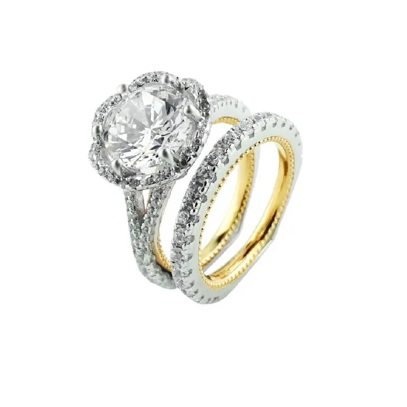 Anel de noivado, joias finas da onda do halo redondo brilhante noivado dois tons banhado a ouro anel de casamento
