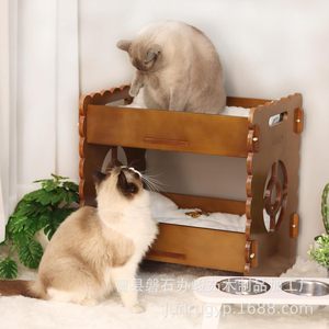 Wooden Cat <b>Bed</b> Double Layer Cat House With Faux Fur <b>Pad</b> For Cats Four Seasons Use - Product Image 4