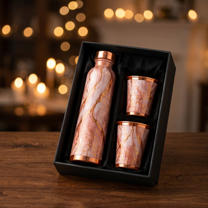 Juego de Botella de Agua de Cobre Dorado y Mármol Rosa con 2 Tazas, Caja de Regalo, Acero Inoxidable Moderno y Lujoso - Product Image 1
