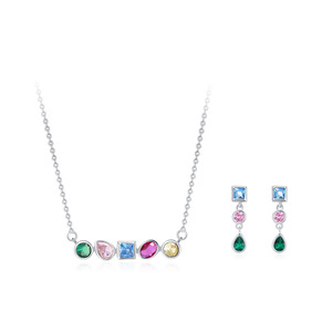 Collier et boucles d'oreilles en argent sterling S925 avec zircon arc-en-ciel, design géométrique pour femmes - Ensemble de luxe de niche européen et américain - Product Image 1
