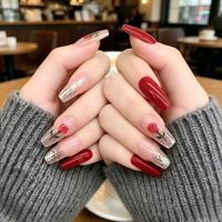24 faux ongles minimalistes à presser, transparents, nude, rouge cerise, avec French manucure, longs, forme cercueil, nœud 3D, élégants et réutilisables