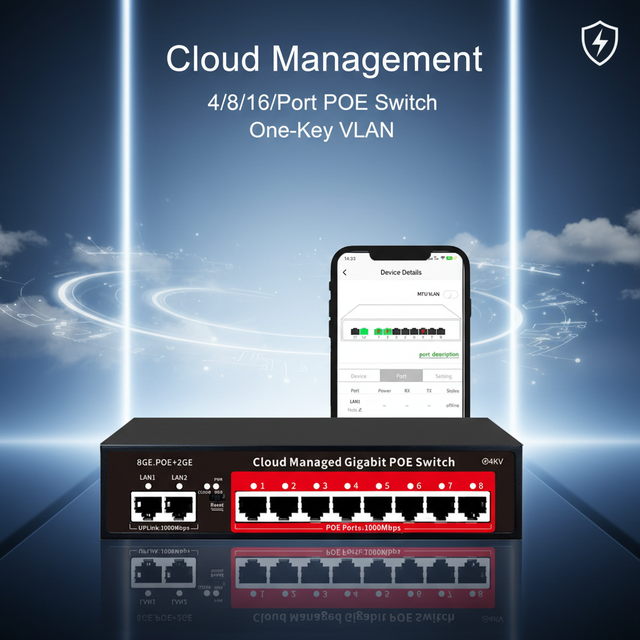 Factory Wholesale 8-Port Cloud Managed Gigabit PoE Switch 30W IEEE 802.3af/at 48V SFP VLAN 20Gbps Capacity Stackable