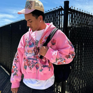 Sweat à capuche zippé rose pour homme MZN, imprimé <span class=keywords><strong>tatouage</strong></span> religieux, style gothique streetwear, coupe oversize, épais - Product Image 3