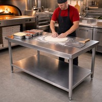 Plan de travail en acier inoxydable 304 de qualité commerciale, robuste, à double niveau, avec pieds ronds, table de travail en acier inoxydable pour cuisine d'hôtel