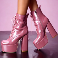 Bottines à plateforme roses chic en cuir verni pour femme, à talon carré épais, à lacets, avec fermeture éclair latérale et tirette, vente en gros