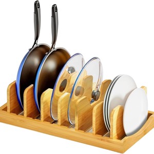 Étagère à vaisselle en bambou avec support pour couvercles, pour organiser les casseroles, les poêles, les assiettes et les couvercles sur le comptoir de cuisine, type rectangulaire sur pied - Product Image 1