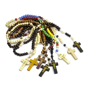 Rosario Barato con Cruz de Jesús, Cuentas de Madera de Colores, Joyería Religiosa Católica, Rosario Misionero Hecho a Mano con Cuerda Anudada, Venta al por Mayor - Product Image 2