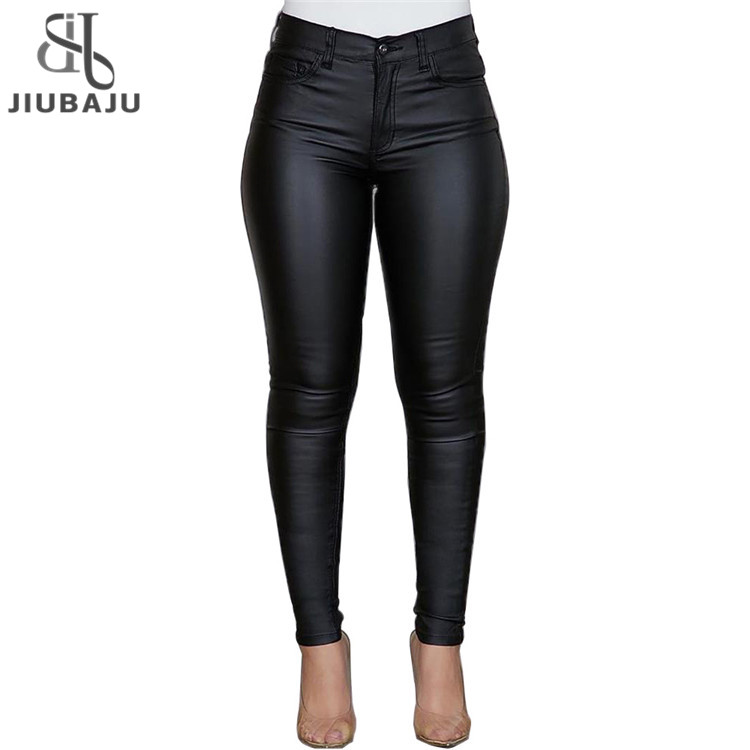 PU Leather Black Pant Women High Waist Elasticity Slim Push Up Casual Skinny Pencil Trousers