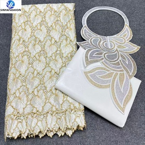 Nouveau style Sinya : Tissu brodé <span class=keywords><strong>Bazin</strong></span> Riche en brocart 100% coton avec dentelle guipure et cordon, 2,5 yards + 2,5 yards - Product Image 6