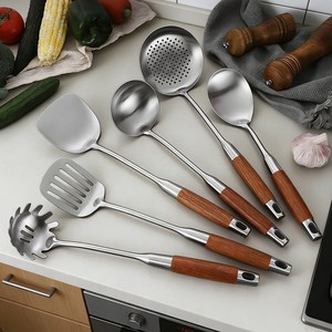 Stainless Steel Kitchen Utensil Set 5 Pieces Heavy Duty Wooden Handle Spatula Ladle Slotted Spoon Cooking Tools - Product Image 3
