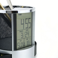 Porte-stylo rond multifonctionnel en métal avec calendrier, réveil, organisateur de bureau stable pour le rangement de fournitures scolaires et de bureau