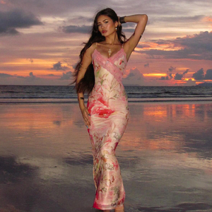 Floral Print Knit Slip Dress <b>Spaghetti</b> <b>Strap</b> Midi Dress Women Summer Vacation Casual Slim Fit Lightweight Sundress - Product Image 1