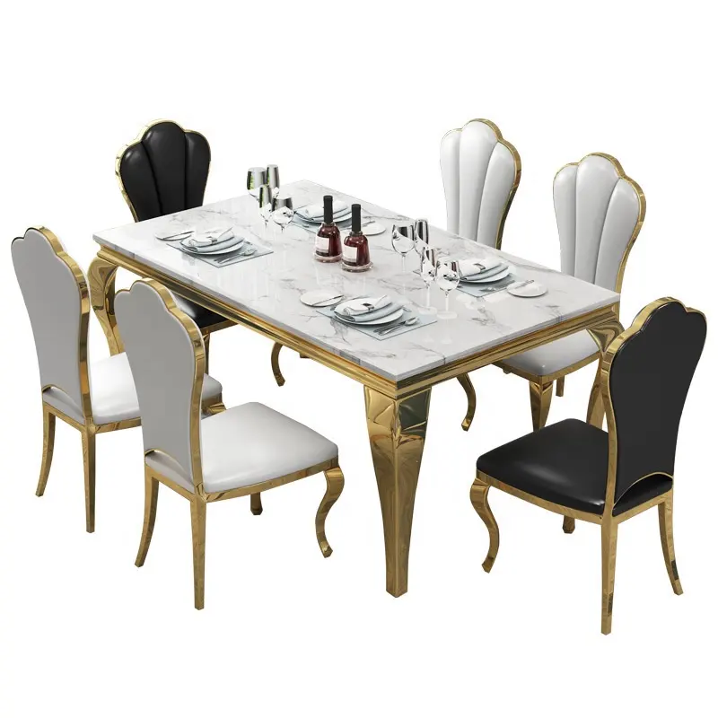 יוקרה זהב משטח שיש נירוסטה אוכל שולחן עבור 6 אנשים למסעדה אירועים <span class=keywords><strong>ריהוט</strong></span>