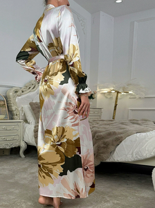 Bata de manga larga con cuello en V para mujer, camisón de satén de seda, estampado Floral Vintage con cinturón, camisones Sexy P Jamas - Product Image 4