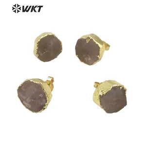 WT-E631 WKT 18K Thật Mạ Vàng Nguyên Rose Quartz Đá Studs Thời Trang Phụ Nữ Vòng 12 Mét Hồng Đá Thạch Anh Studs Bông Tai