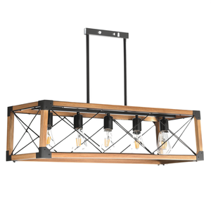 Lustre rectangulaire industriel à 5 lumières en noyer, 32 pouces, pour salle à manger, îlot de cuisine, café, décoration, ampoules LED E26 - Product Image 1
