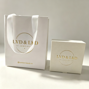 Luxury <b>White</b> Rigid Cardboard Jewelry <b>Box</b> With Ribbon Handle Paper <b>Gift</b> Bag Custom Gold Foil Logo Ring Earring Necklace Bracelet - Product Image 1