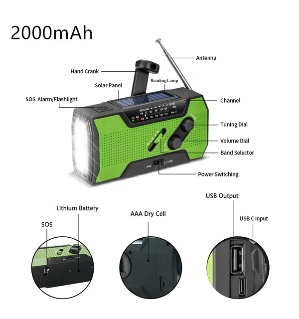2026 Outdoor Solar/Crank Emergency FM Radio- Built in Speaker 2000mAh Fast Charging Wireless Charger &Power Bank for Smart Phone