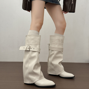 Sepatu Bot Wanita Ujung Runcing Setinggi Lutut dengan Wedge Tersembunyi, Gesper Ganda, Model Lipat, Bahan Kulit Suede, Gaya Western, 3 Warna. - Product Image 5