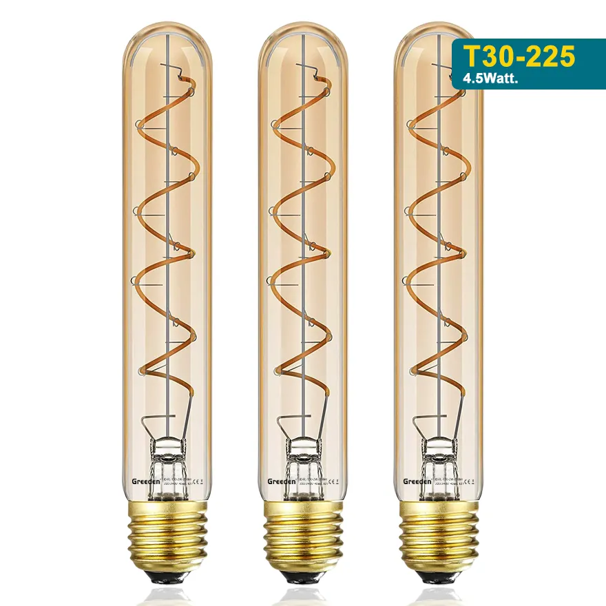 Spiral Filament LED Tubular Edison Bulb T10 T30 E26 Base 4W Dimmable Amber Glass 2200K Warm T10 Tube Long Edison Bulb