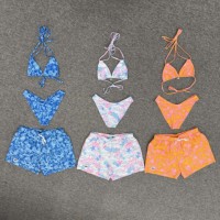 Fabricant OEM – Ensemble de maillots de bain et shorts de plage assortis pour couple, style brésilien froncé, design personnalisé, avec strings