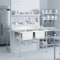 Évier de cuisine professionnel Wanchu en acier inoxydable robuste à double bac pour restaurant avec écran anti-éclaboussures et étagère inférieure