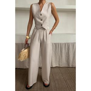 Conjunto Casual de Tela de Punto de Lino Beige Talla XS con Diseño de Rayas Tipo Waffle, Chaleco Corto y Pantalones Cortos con Estampado Primaveral - Product Image 4