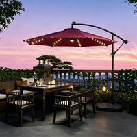 Payung Teras Lipat Cantilever Offset Modern Anti Air Bahan Polyester Berkualitas 10 kaki dengan Lampu LED Tenaga Surya untuk Ruang Makan dan Halaman