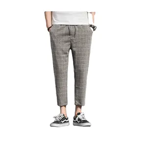 Hoge Kwaliteit Mannen Casual Broek 2021 Linnen Plaid Retro Mode Casual Broek Mannen Effen Kleur Negen Punt Broek