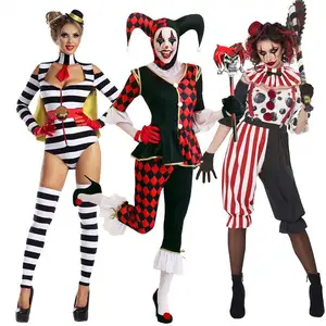 Kostum badut Halloween pria dan wanita, kostum penampilan cosplay dewasa, kostum zombie sirkus performa lucu