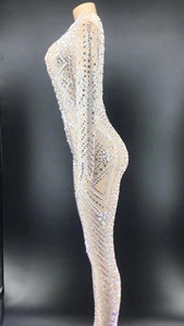 Tenue de soirée Sexy transparente avec perles et strass, tenue de Club, chanteur, danse, justaucorps, body moulant pour femmes, combinaison une pièce brillante - Product Image 4