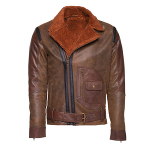 Chaqueta de cuero para hombre, forrada con sherpa, con cierre de cremallera, cuello alto, para trabajo al aire libre, con logo personalizado, chaqueta de aviador marrón de piel de oveja. - Product Image 1