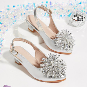 Zapatos de tacón alto plateados y dorados con lazo de flores para niñas, zapatos de fiesta, zapatos de <span class=keywords><strong>princesa</strong></span> para cumpleaños, sandalias. - Product Image 1